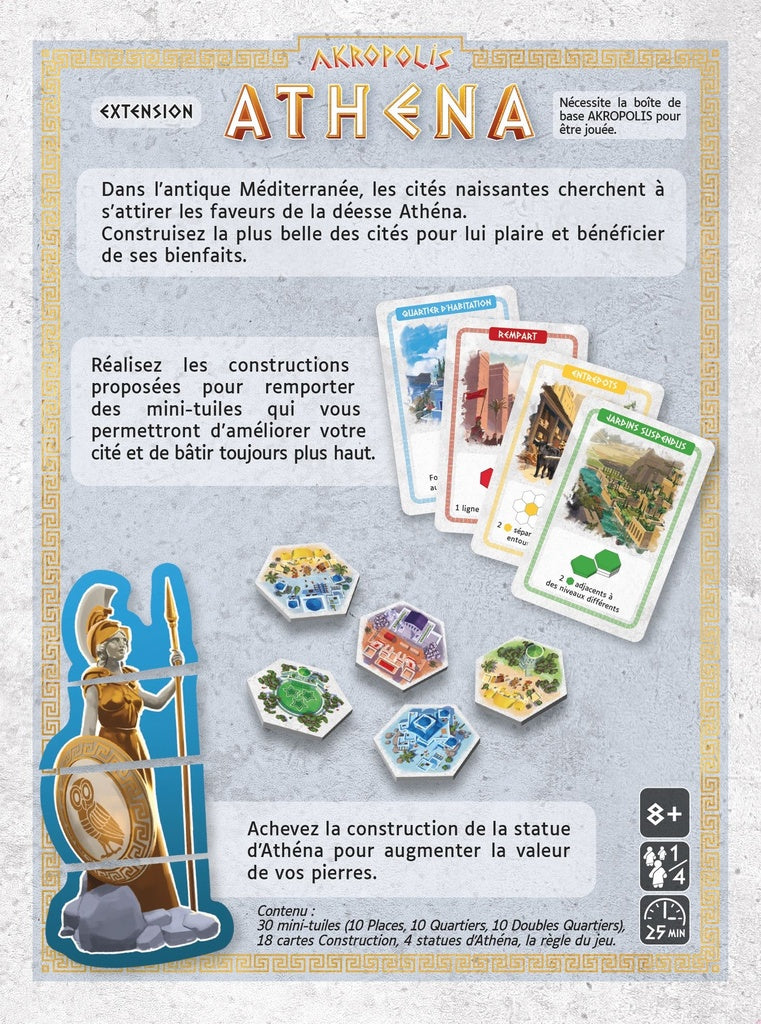 Dos de la boîte de l'extension Athena pour le jeu Akropolis