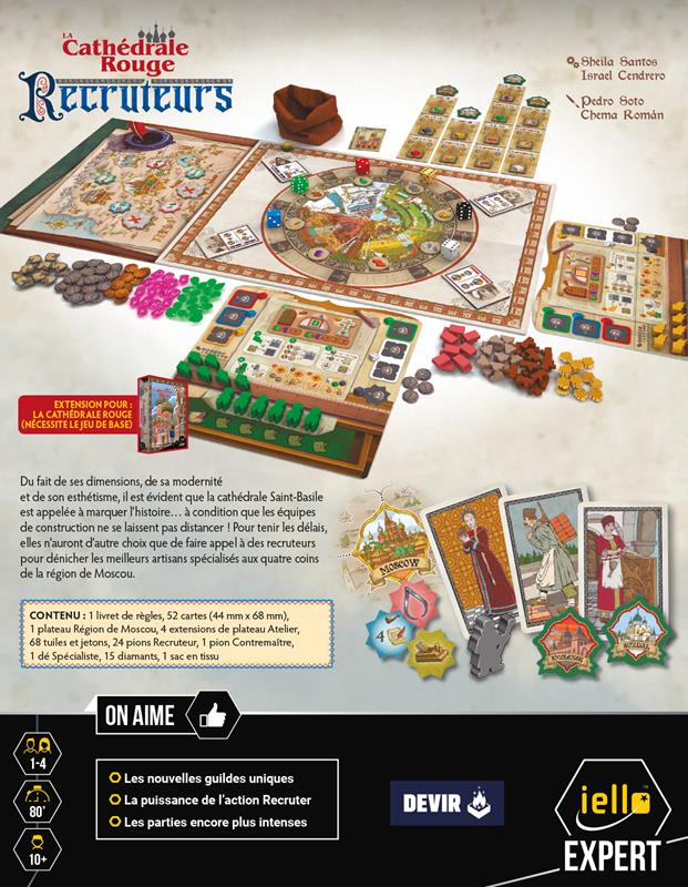 Dos de la boîte de l'extension recruteur pour le jeu La cathédrale rouge