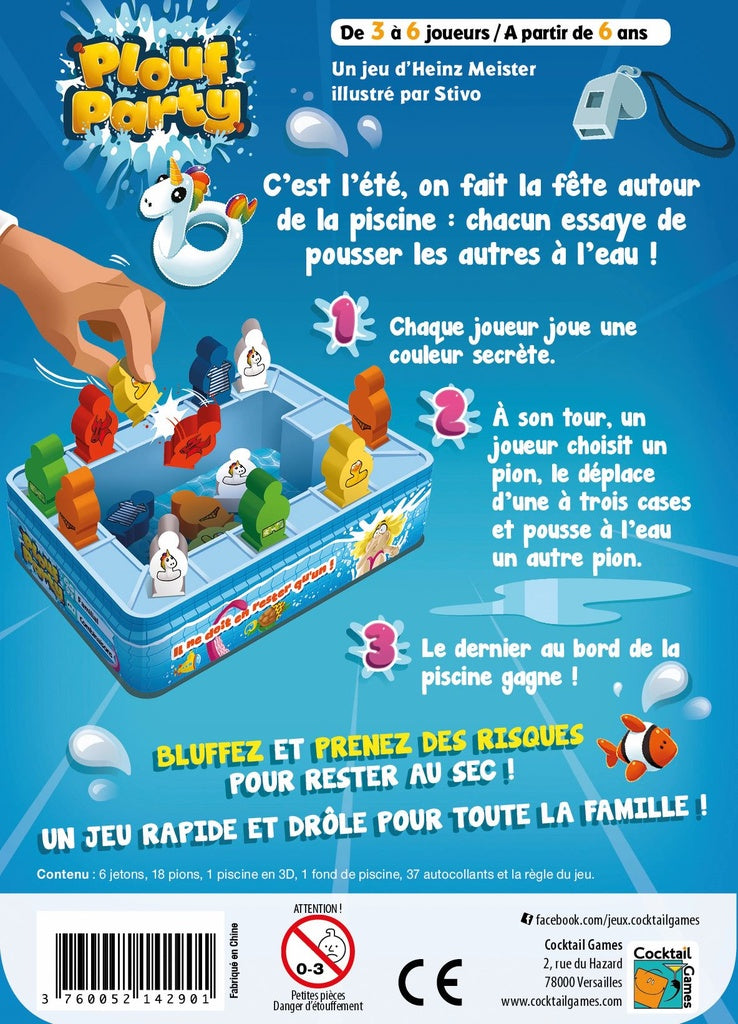 dos de la boîte du jeu plouf party en français