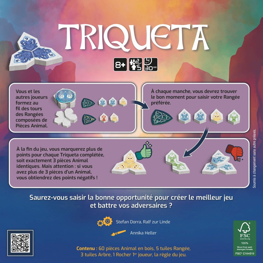 Dos de la boîte du jeu de société Triqueta