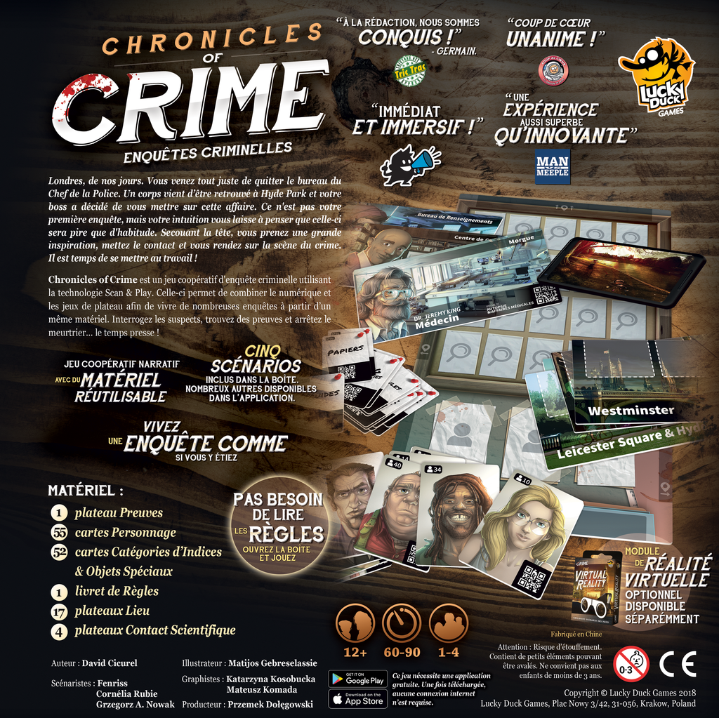 Dos de la boîte du jeu Chronicles of Crime en Français
