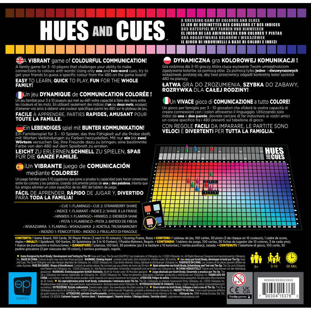 Dos de la boite du jeu Hues and clues