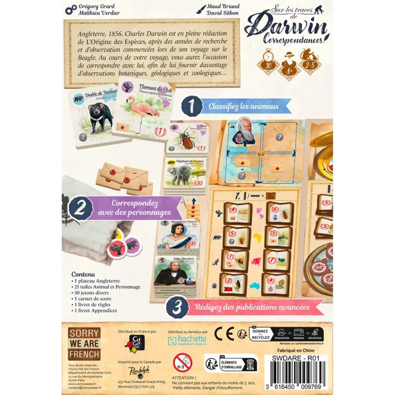 Dos de la boite de l'extension correspondance pour le jeu sur les traces de Darwin